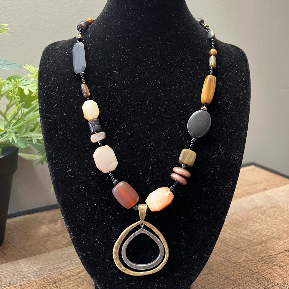 Silpada Earth-Tone Multi-Stone Necklace Double Teardrop Pendant Sterling Silver